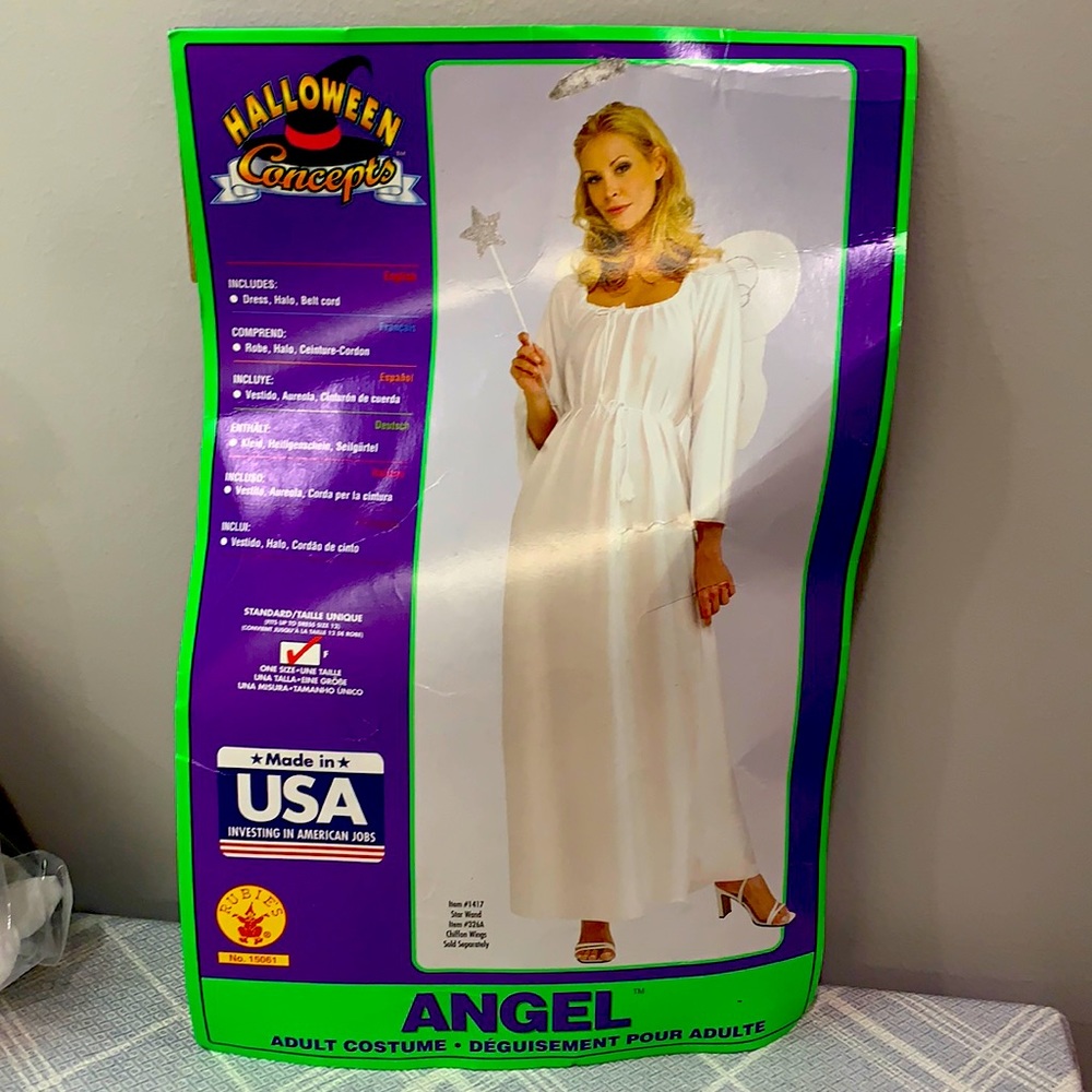 Halloween Angel adult costume, dress, belt, halo, one size - never worn